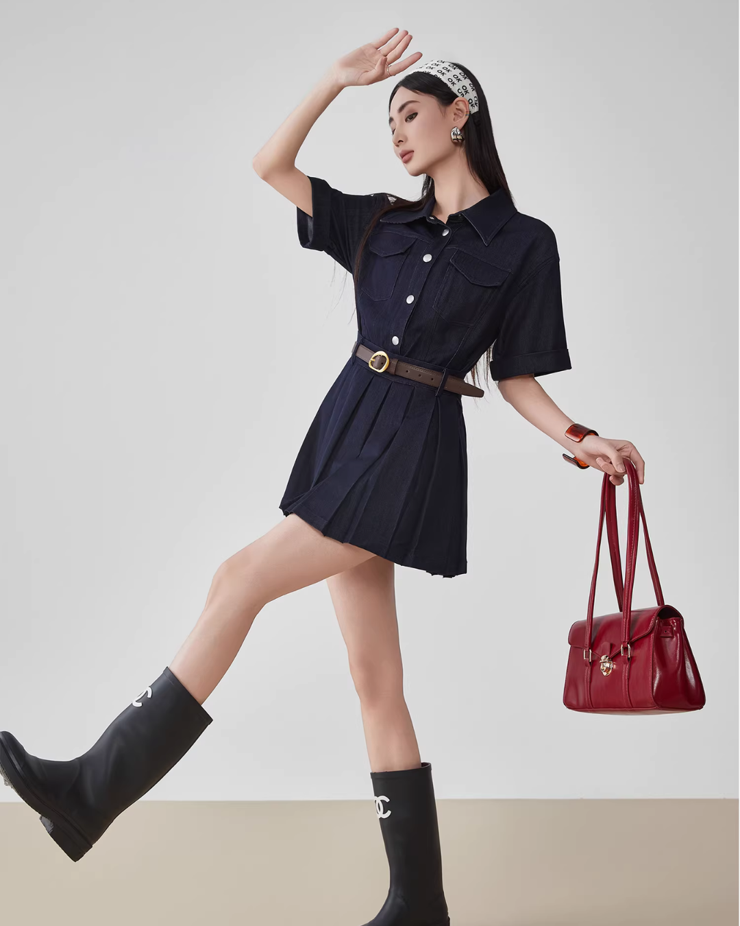 Ruffle Polo Collar Denim Dress FER0105