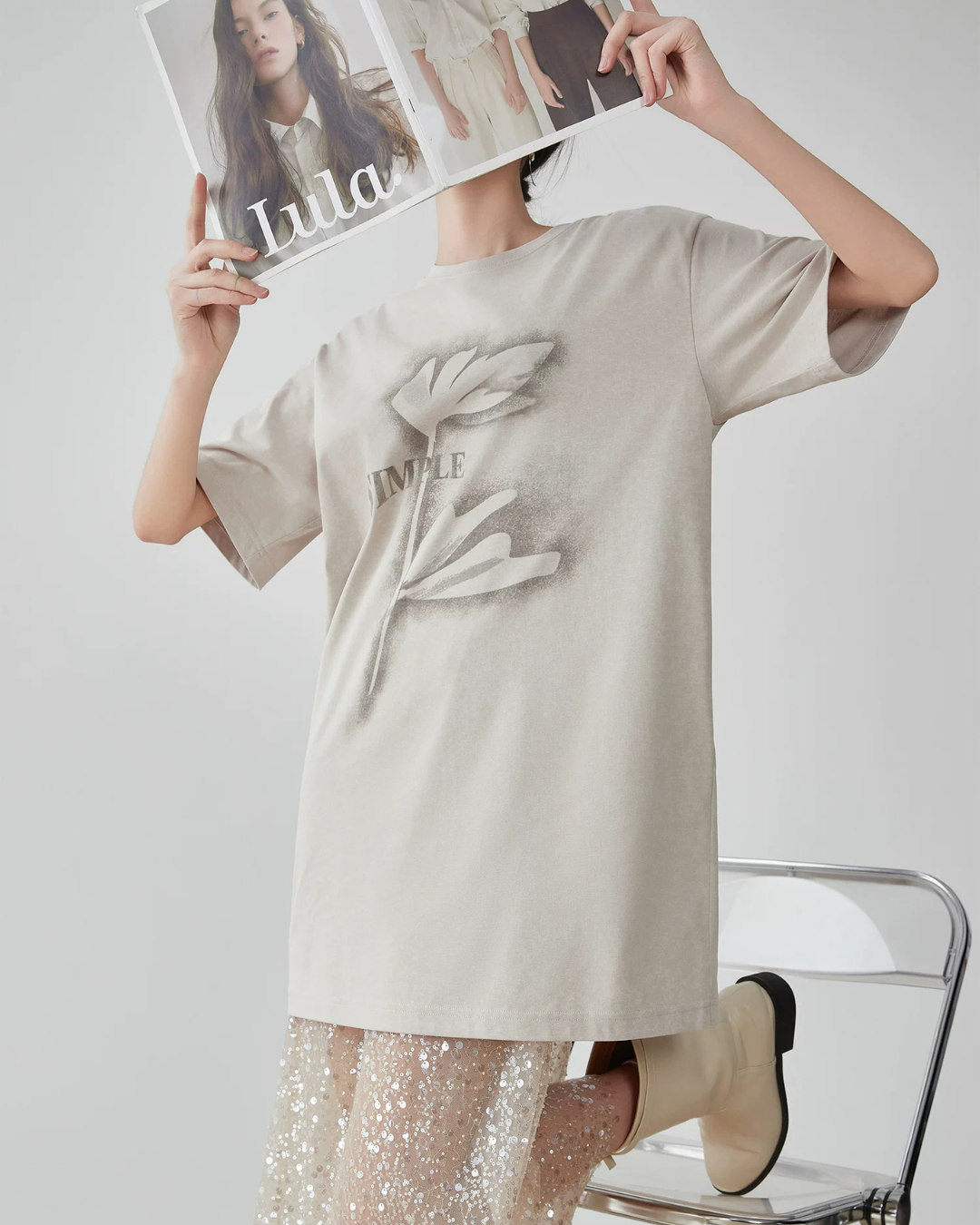Flower Motif T-Shirt / Sparkling Mesh Skirt FER0151