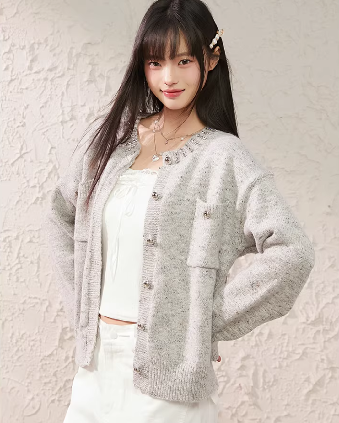 Speckled Rhinestone Knit Cardigan / Rhinestone Flash Jeans  KIP0010