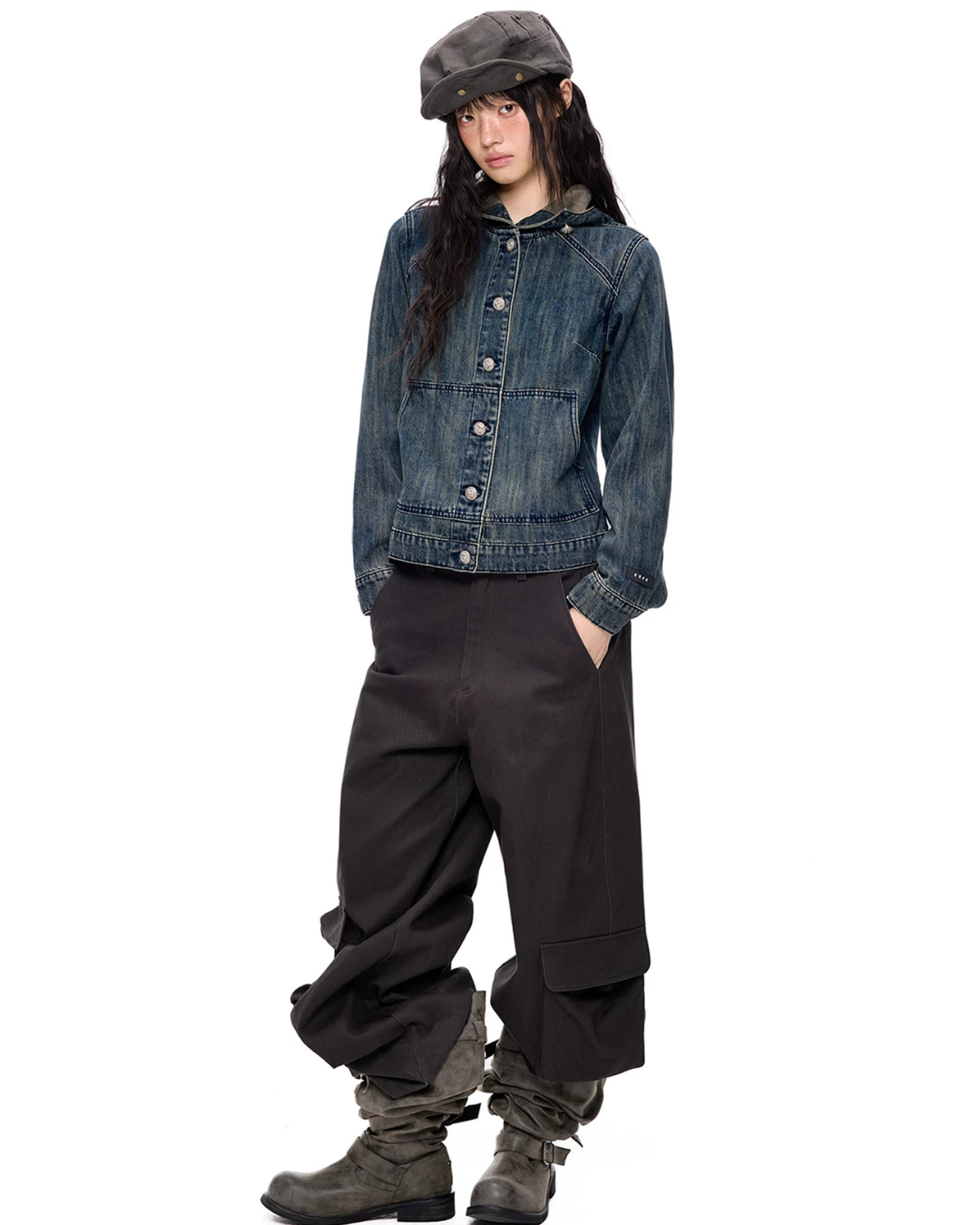 Washed Vintage Hoodie Denim Cardigan EZK0109