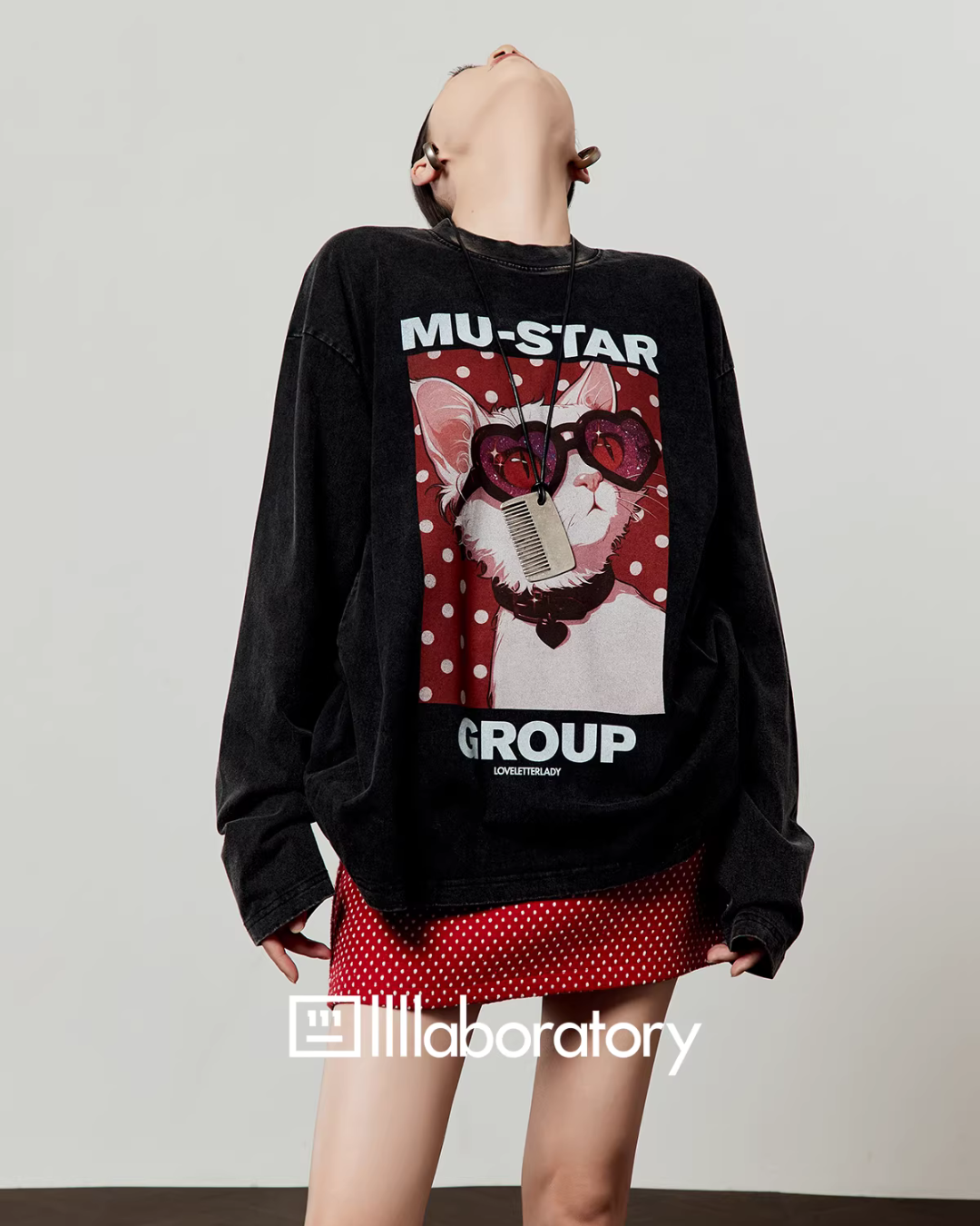 Cat Print Long Sleeve T-shirt / Polka Dot Mini Skirt LLA0593