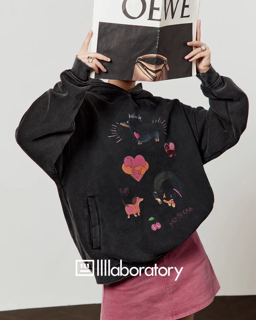 Dog Print Retro Hoodie / Pink Mini Skirt LLA0590