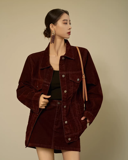 Wine Red Corduroy Jacket / Mini Skirt SUY0030