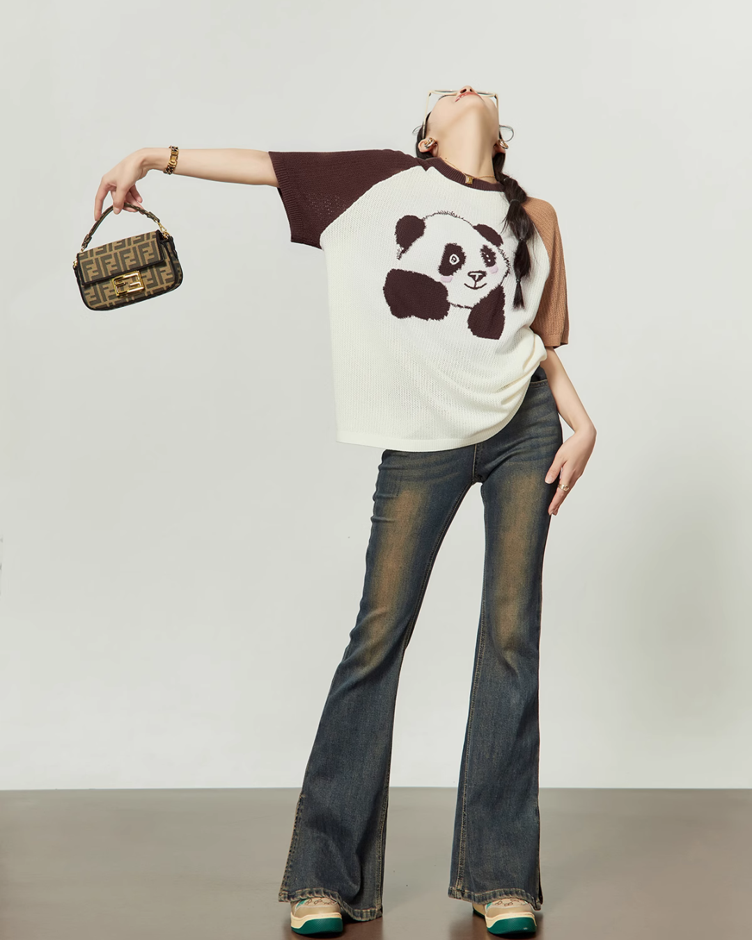 Panda Raglan Summer Knit / Denim Flare Pants LLA0211