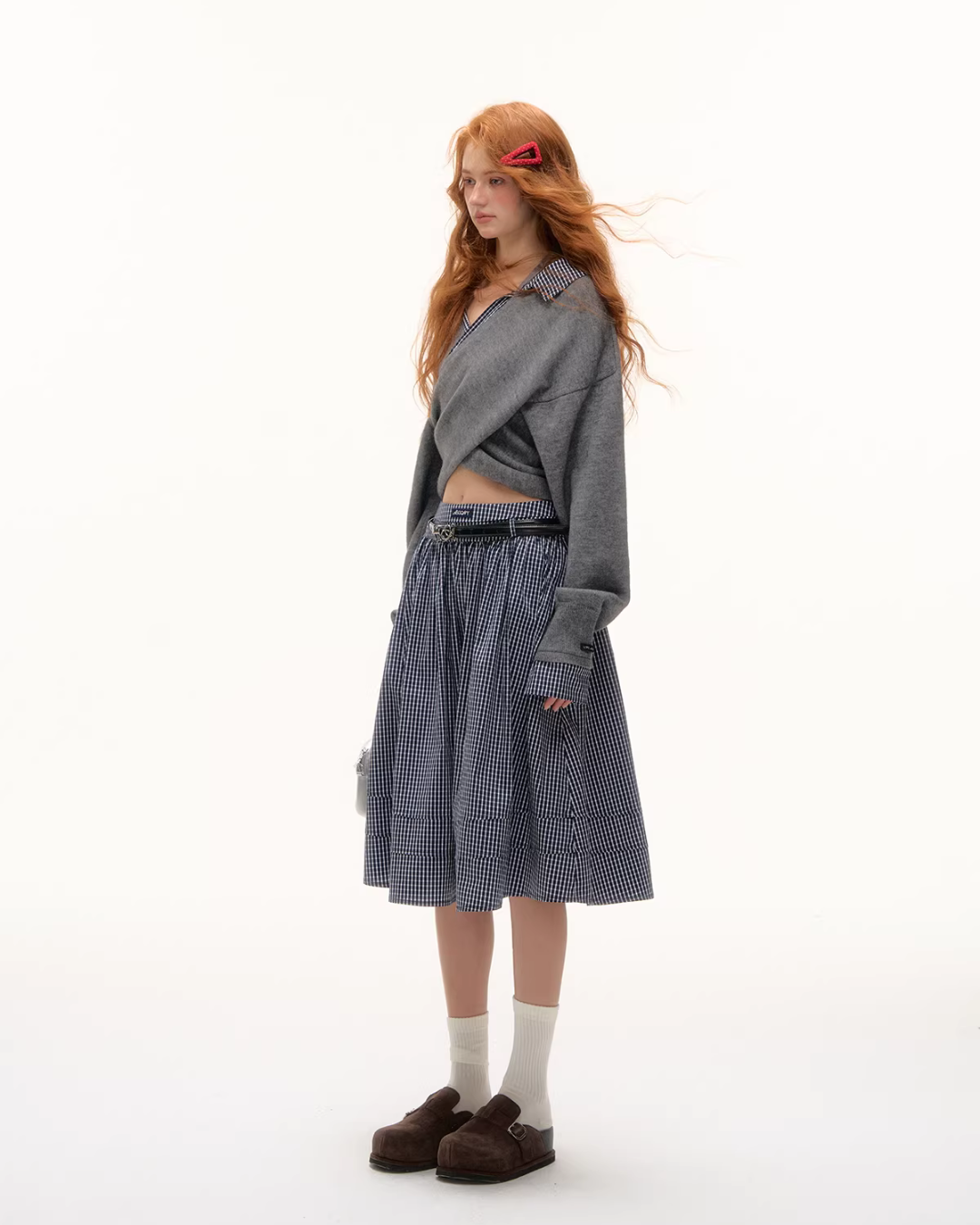 Front Wrap Knit Top/Gingham Check Skirt ASG0074