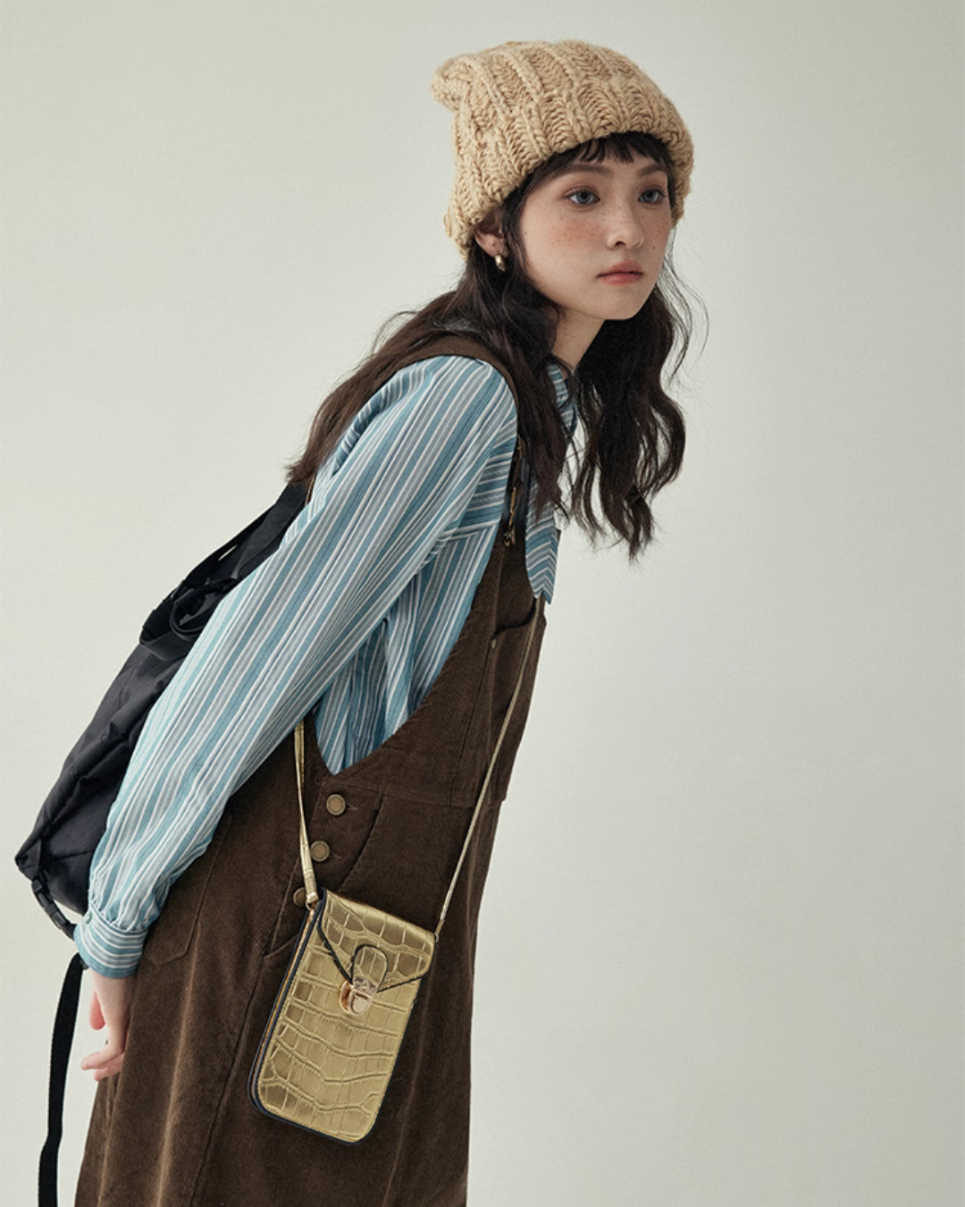 Blue Stripe Shirt / Wide Denim Pants / Corduroy Overall Skirt AMU0033