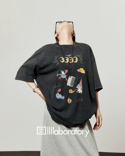 Vintage Print Short-Sleeve T-Shirt / Sweat Long Skirt LLA0653