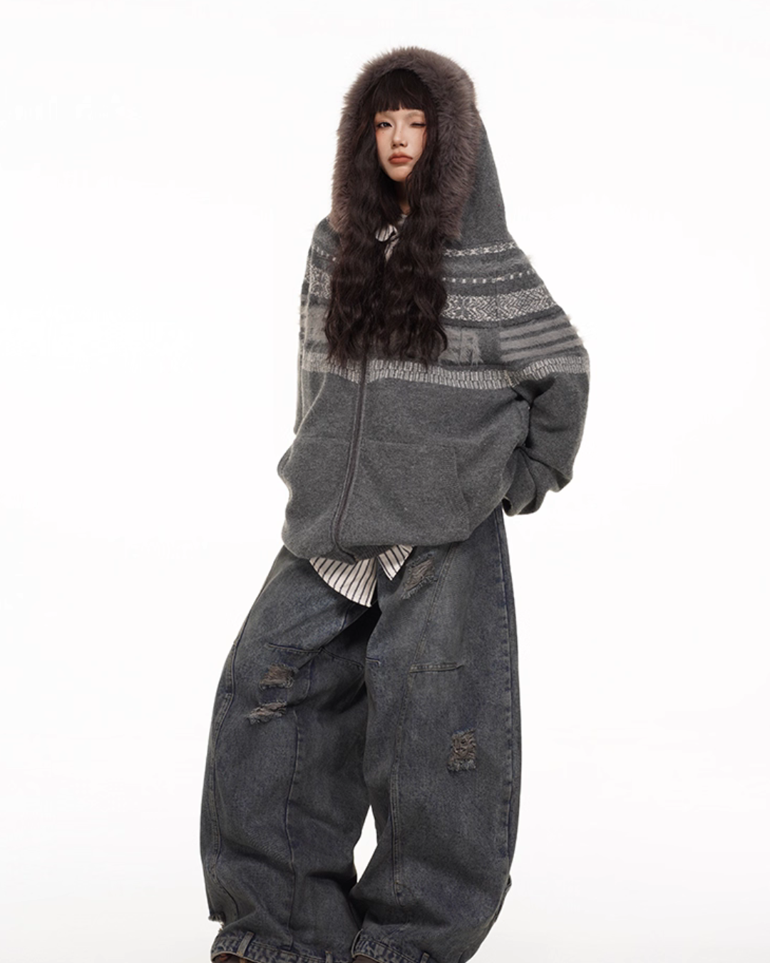 Fur Hood Retro Knit Cardigan FEC0002