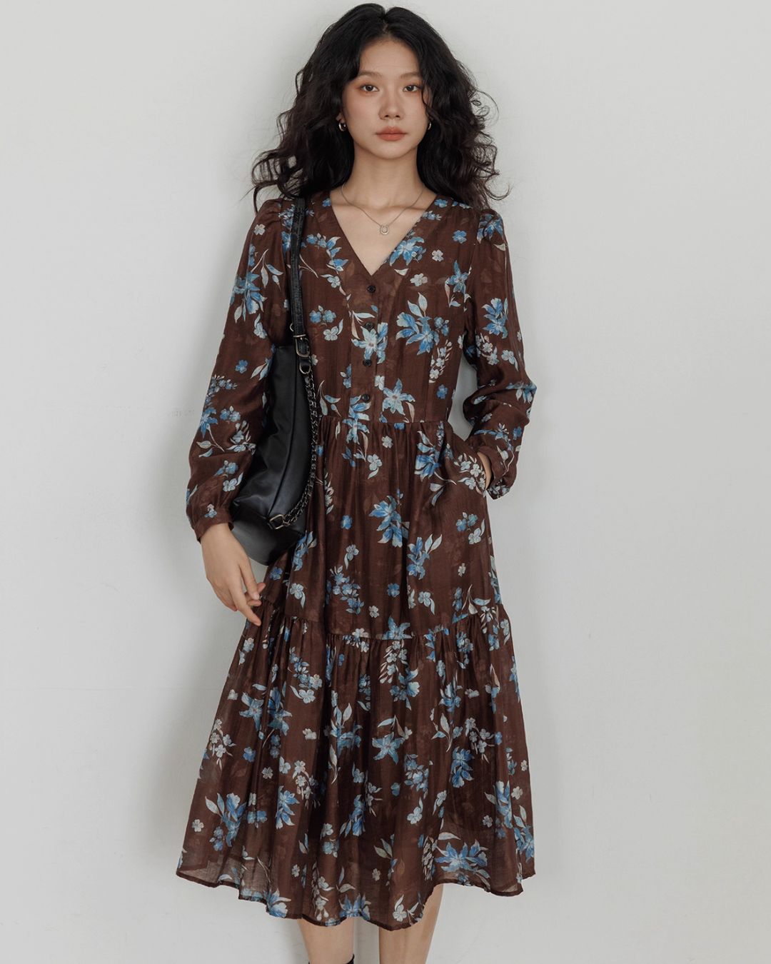 V-Neck Linen Print Elegant Dress VAS0151