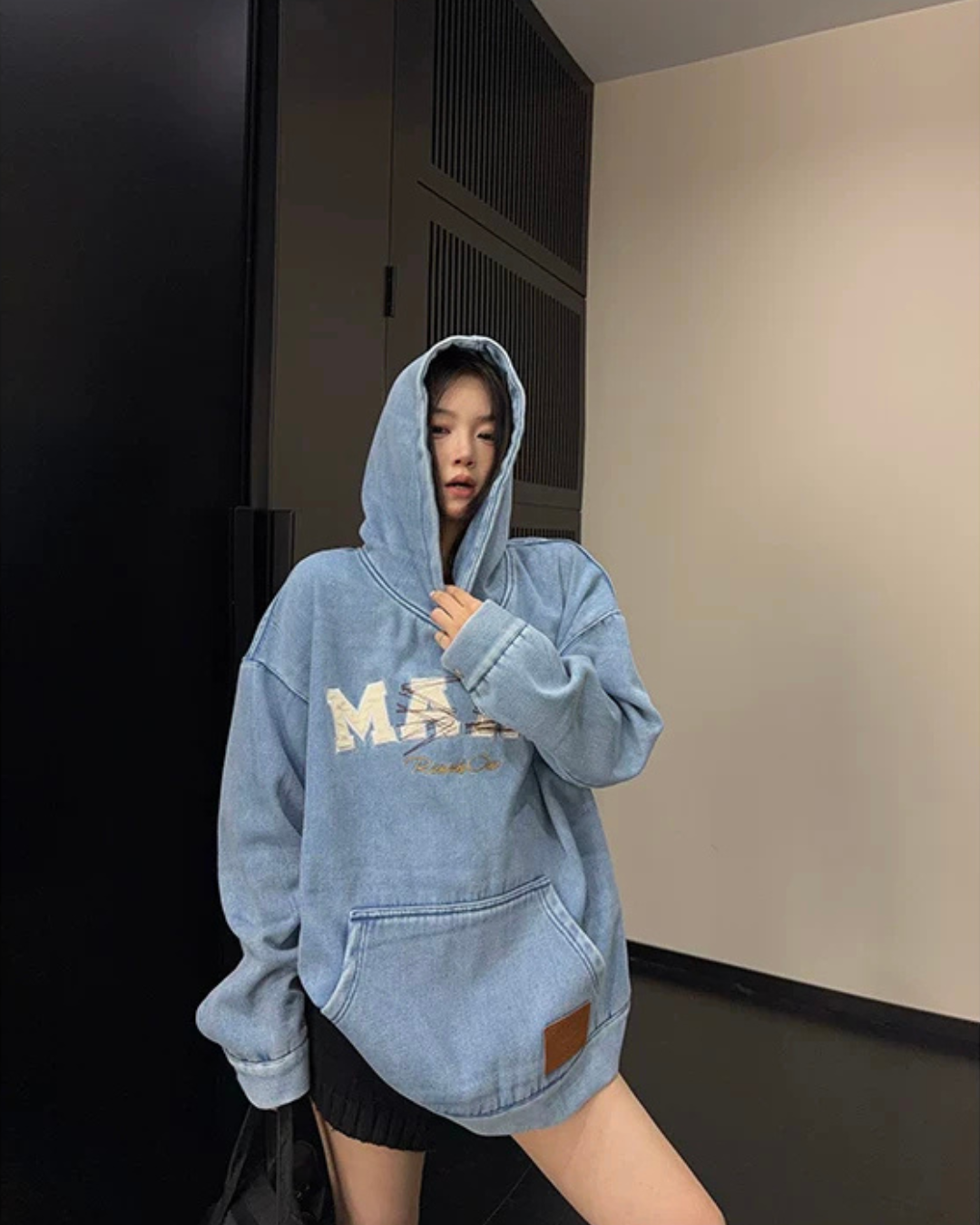 Oversize Retro Embroidered Denim Hoodie YLS1077