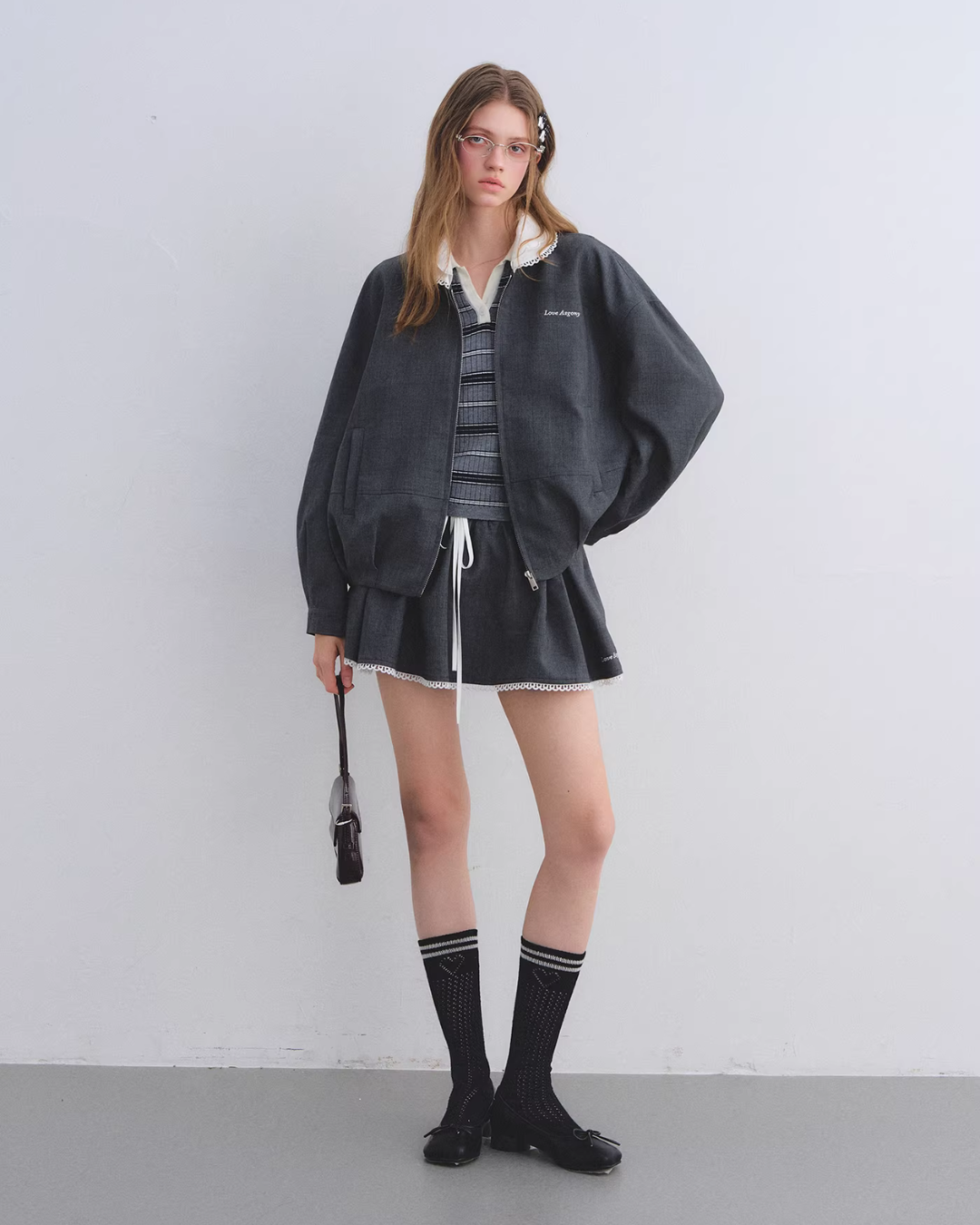 Lace Collar Zip Jacket / Flared Mini Skirt ASG0084