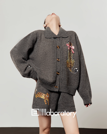 Leopard Print Knit Cardigan / Shorts LLA0552