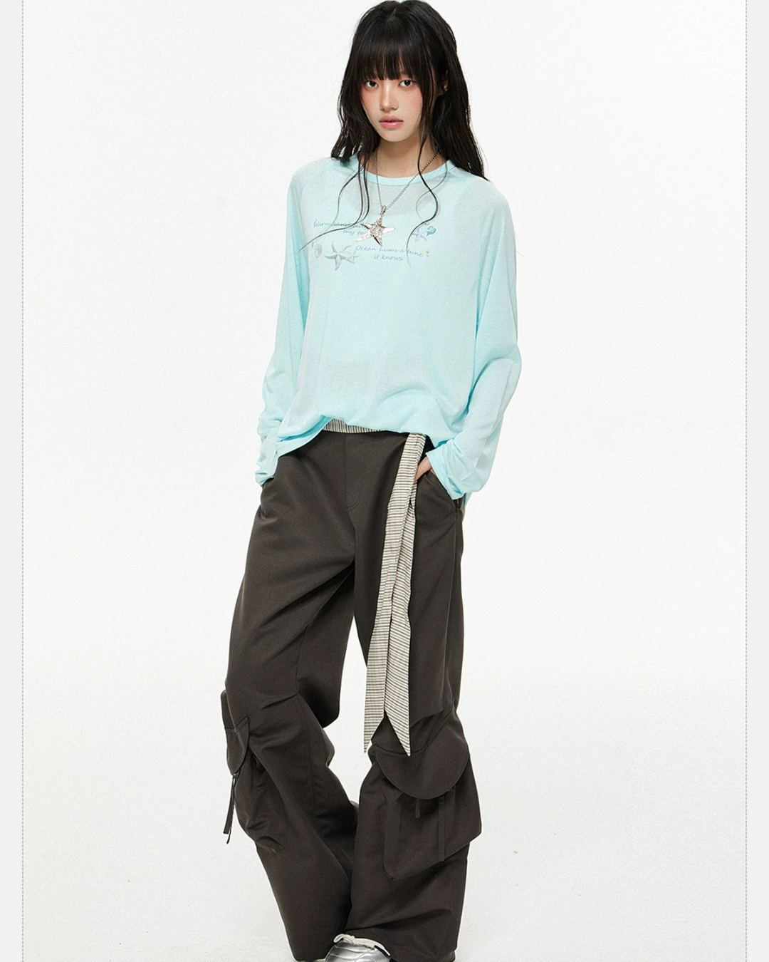 Gingham Sash Belt Wide Cargo Pants EZK0104