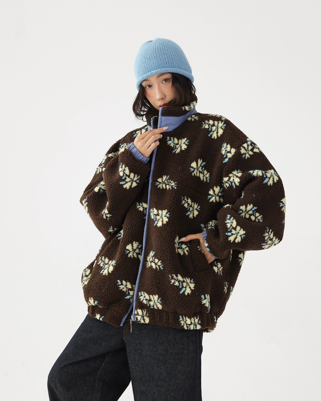 Floral Stand Collar Fleece Jacket ACS0325