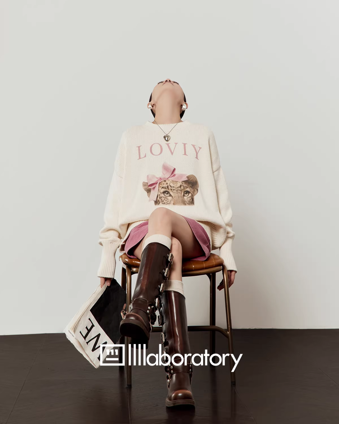 Tiger Loose Knit Top / Pink Mini Skirt LLA0617