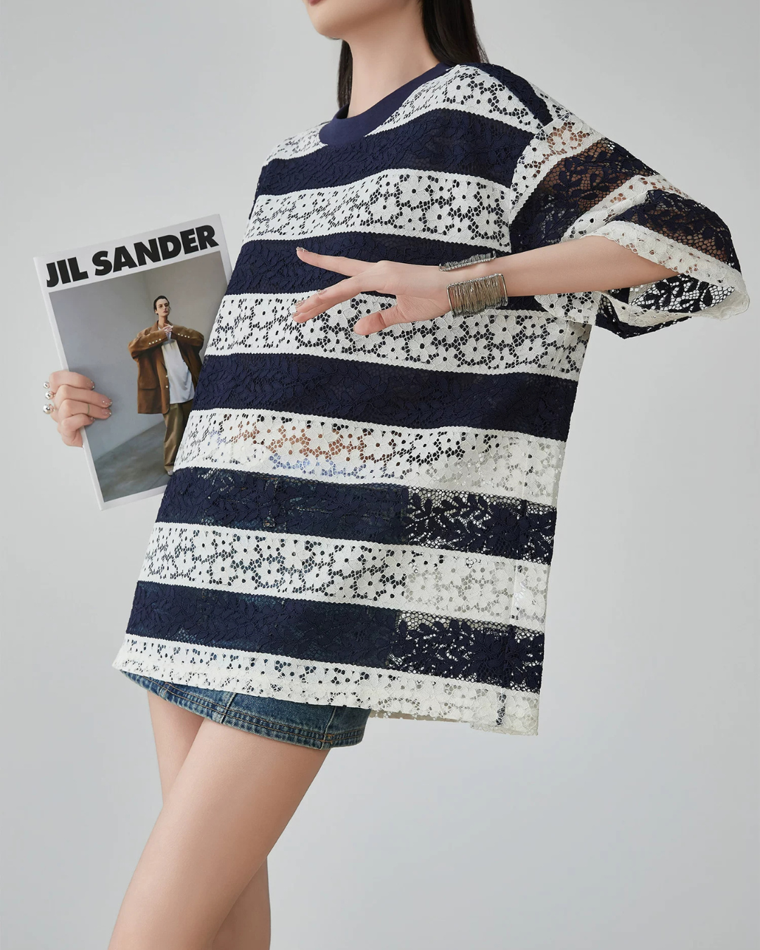 Sheer Lace Border Oversized T-Shirt FER0237
