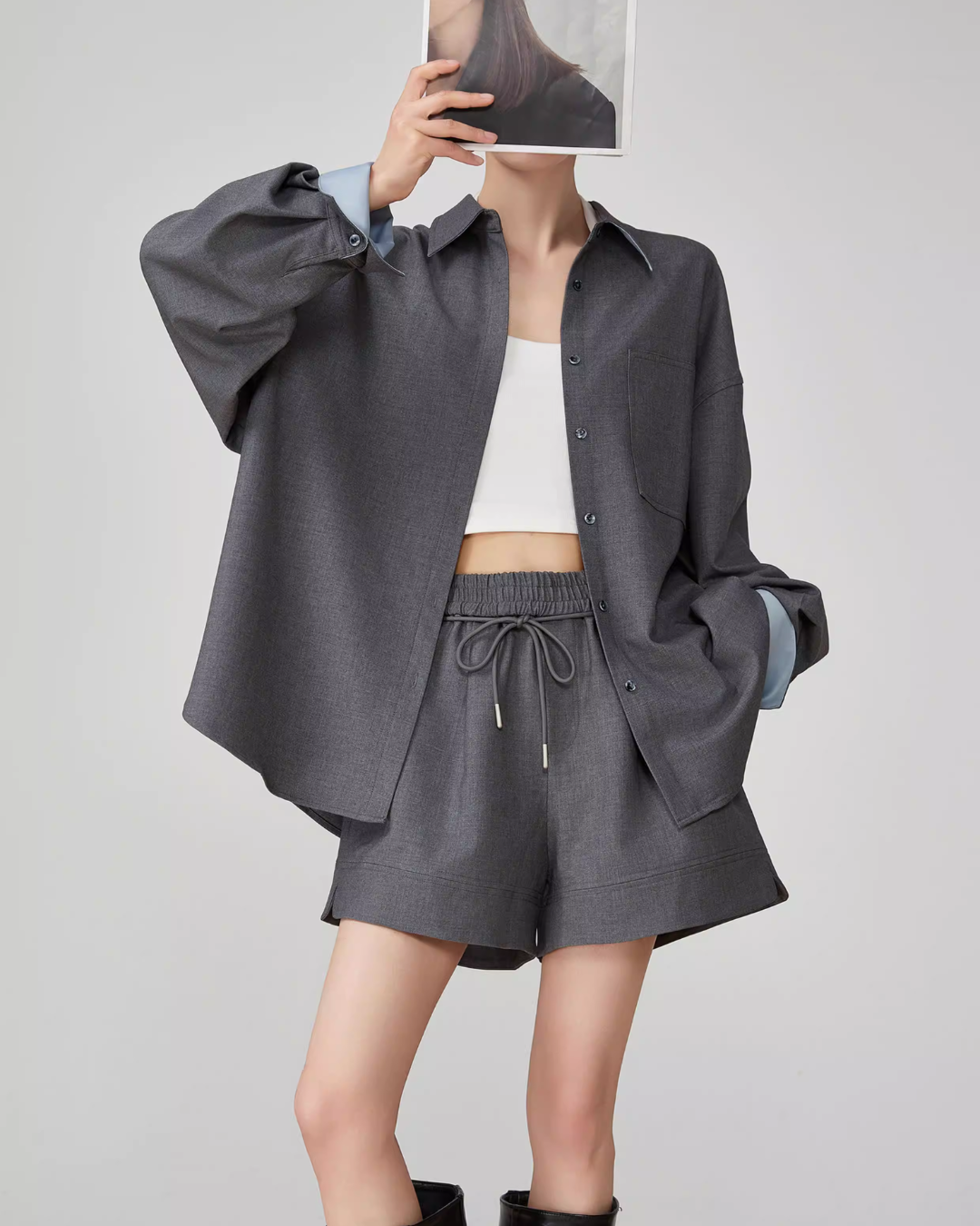 Gray Collared Long-Sleeve Shirt / Shorts FER0064