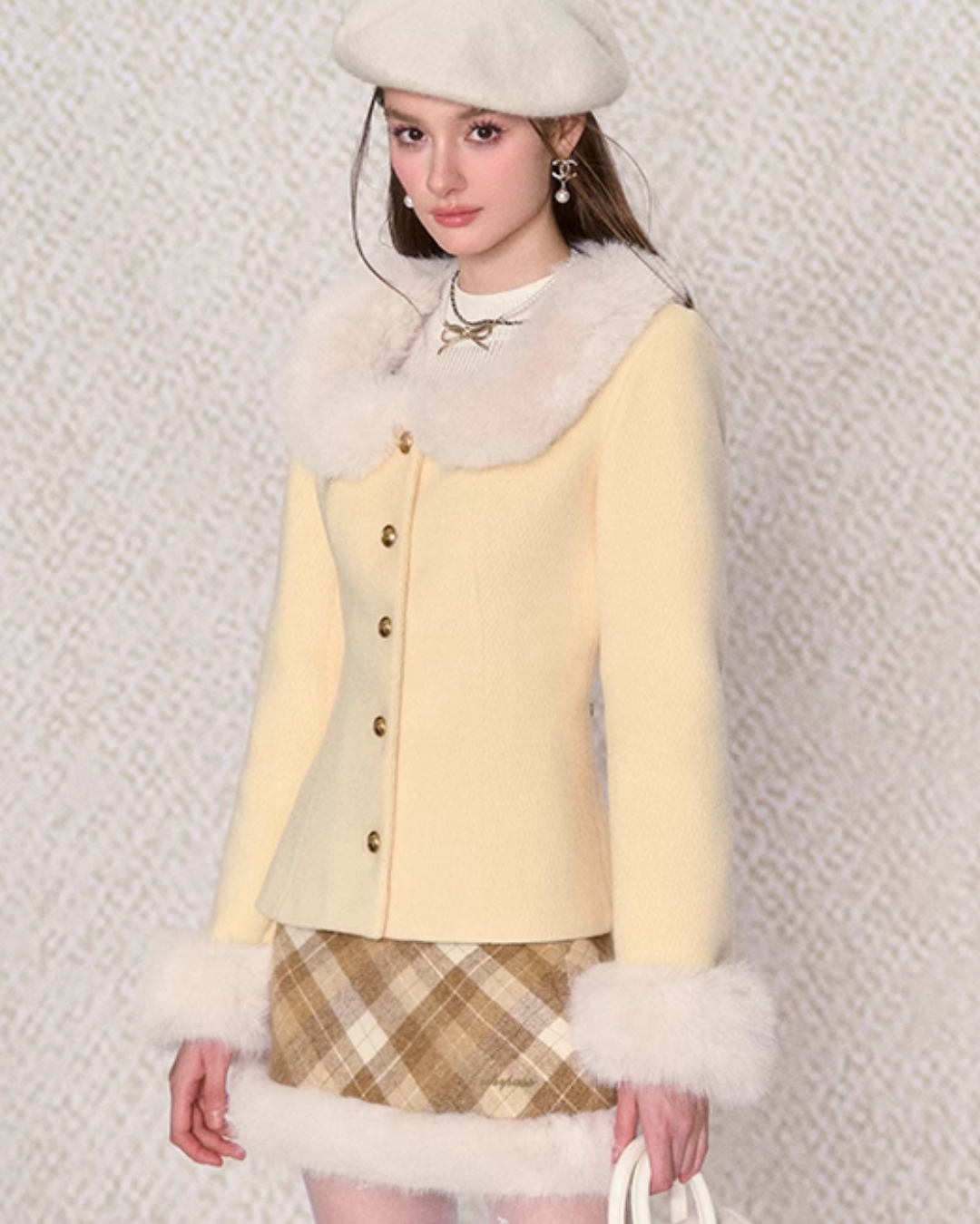 Sweet Cream Fur Jacket & Paid Mini Skirt UNP0004