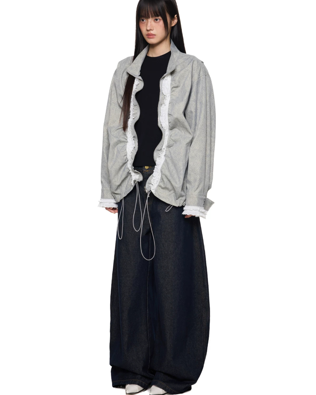 Drawstring Stand Collar Lace Jacket EZK0105