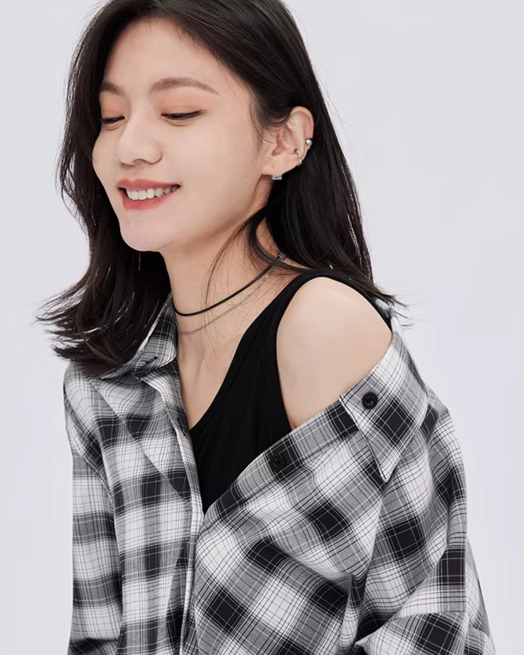 Off-Shoulder Plaid Shirt Dress SHN0049