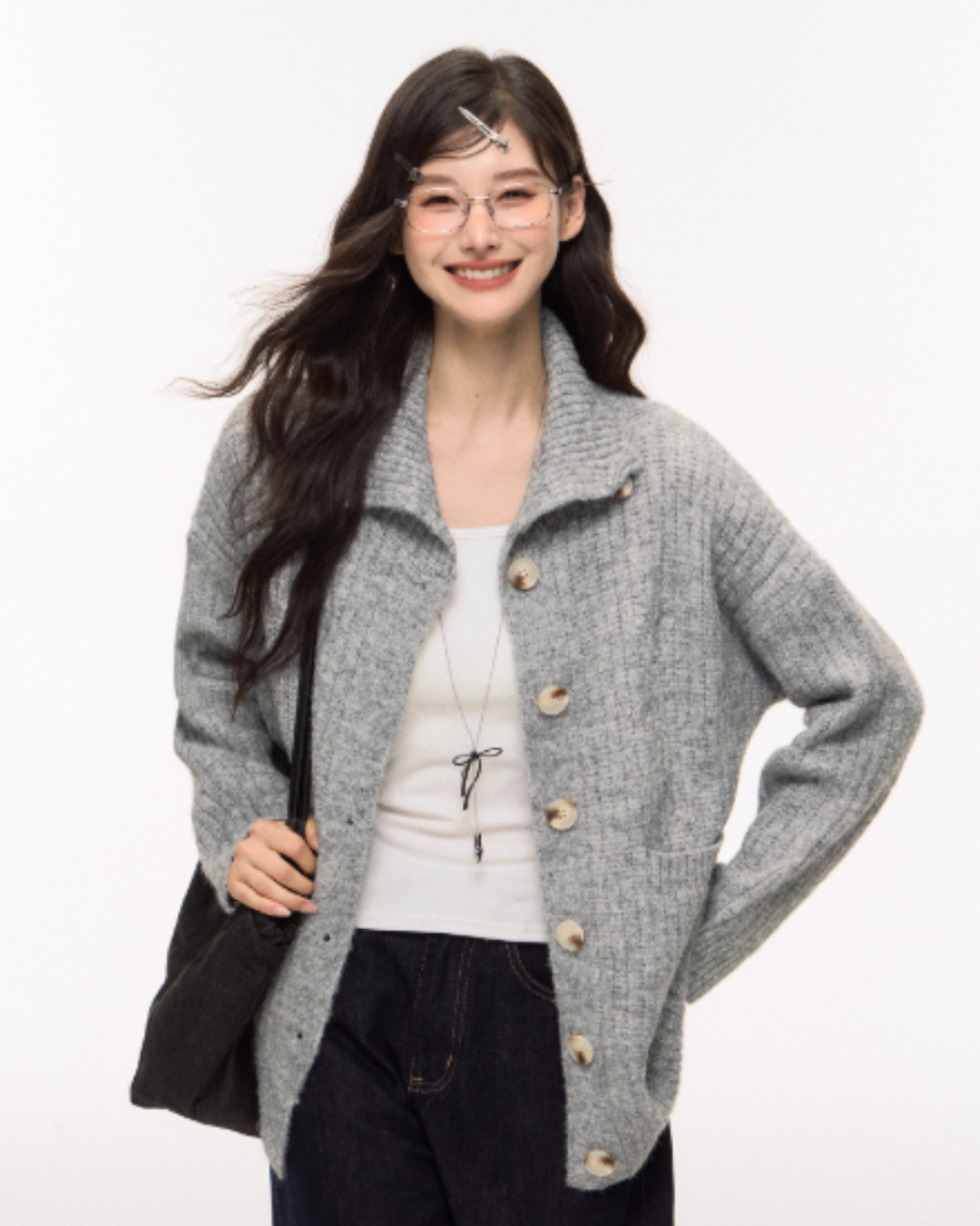 Stand Collar Knit Cardigan/Wide Denim Pants ELS0015