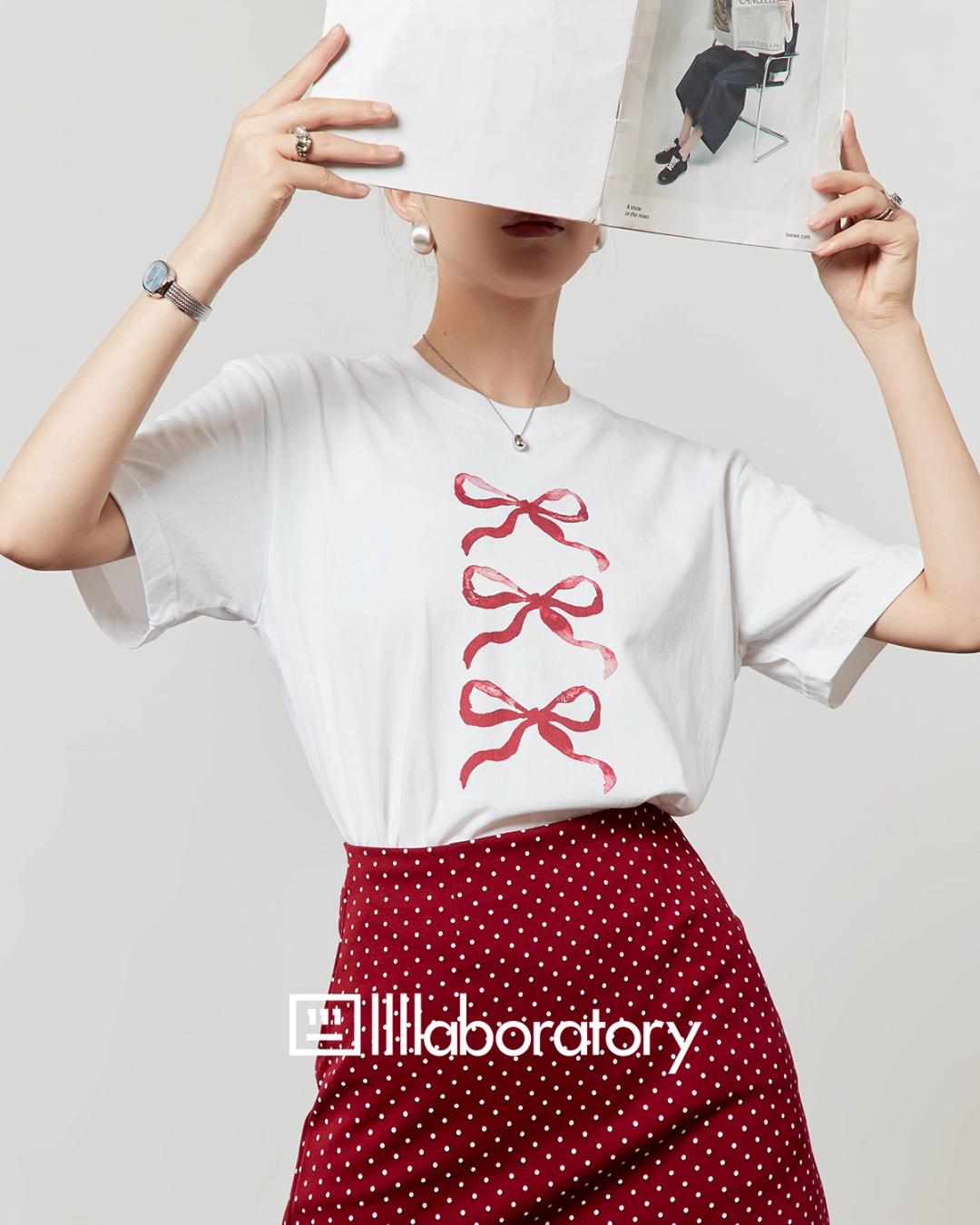 Ribbon Print T-Shirt / A-Line Mini Skirt LLA0486