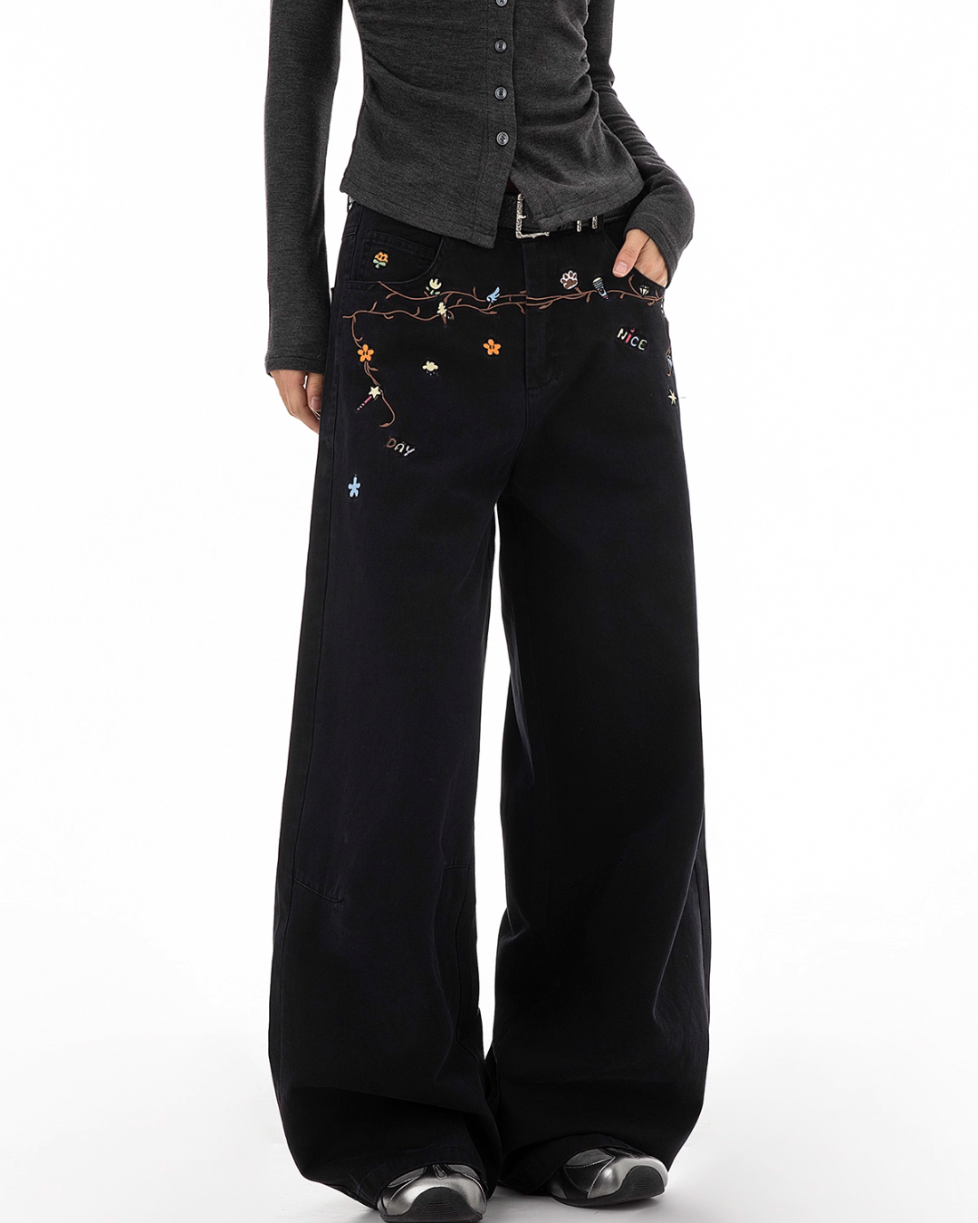 Floral Embroidery Wide Denim Pants ICM0116