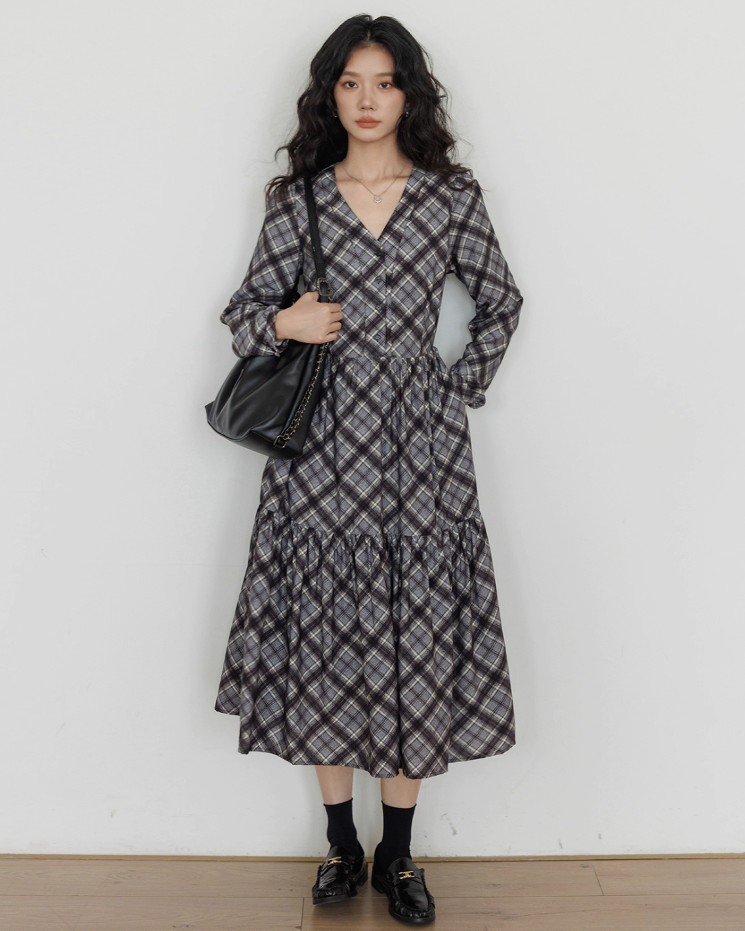 V-Neck Paid Long Dress VAS0161