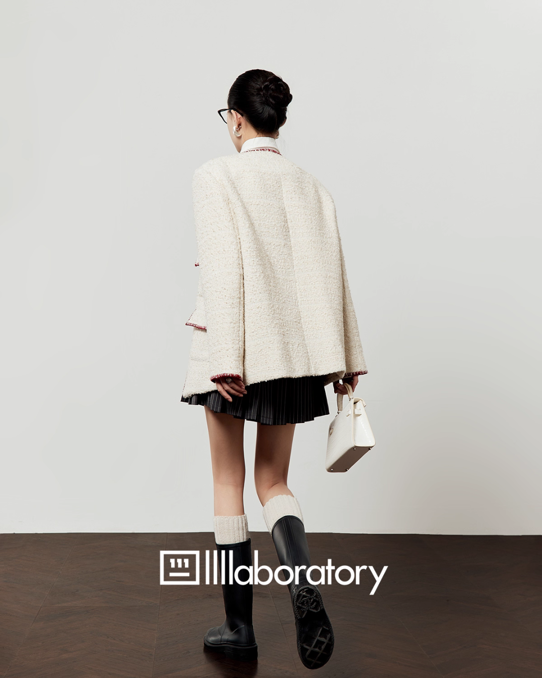 Elegant Tweed Jacket / Striped Pleated Skirt / White Long-Sleeve Shirt LLA0532
