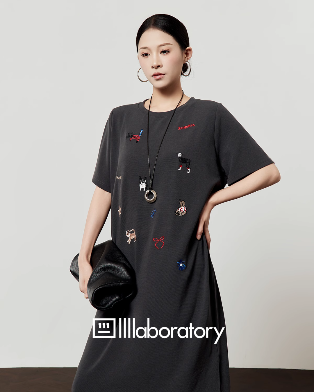 Dark Gray Animal Embroidery Dress LLA0487