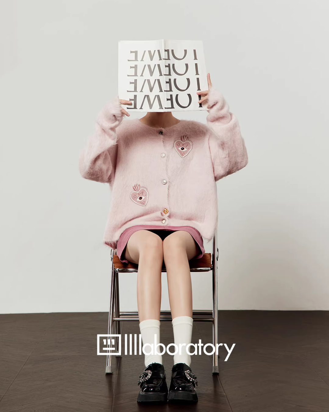 Heart Patch Shaggy Knit Cardigan / Pink Mini Skirt LLA0592