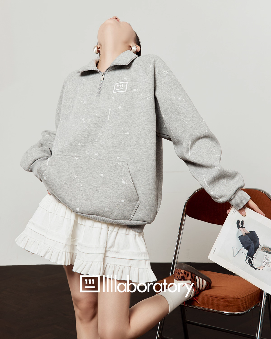 Half-Zip Sweat Top/Lace Mini Skirt LLA0565