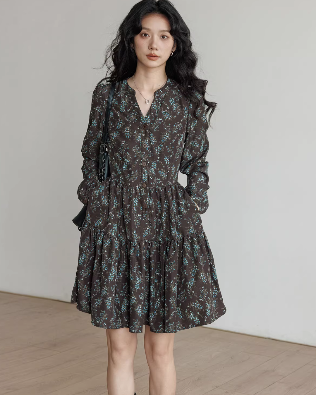 V-Neck Printed Waist Shirt Dress VAS0194