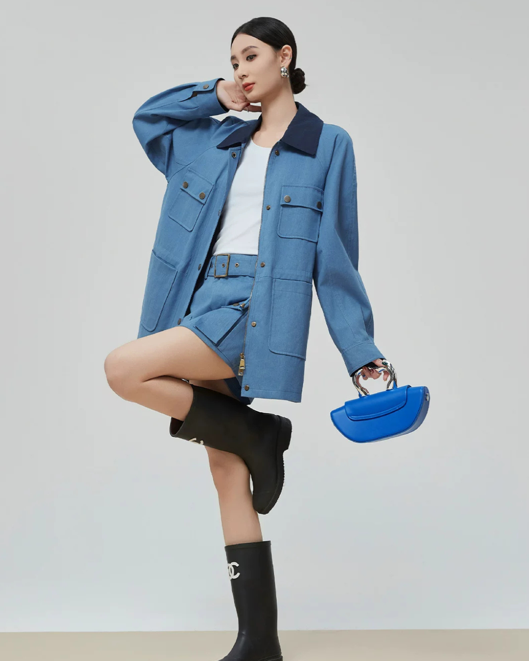 Blue Turn Collar Jacket / Work Skirt FER0376