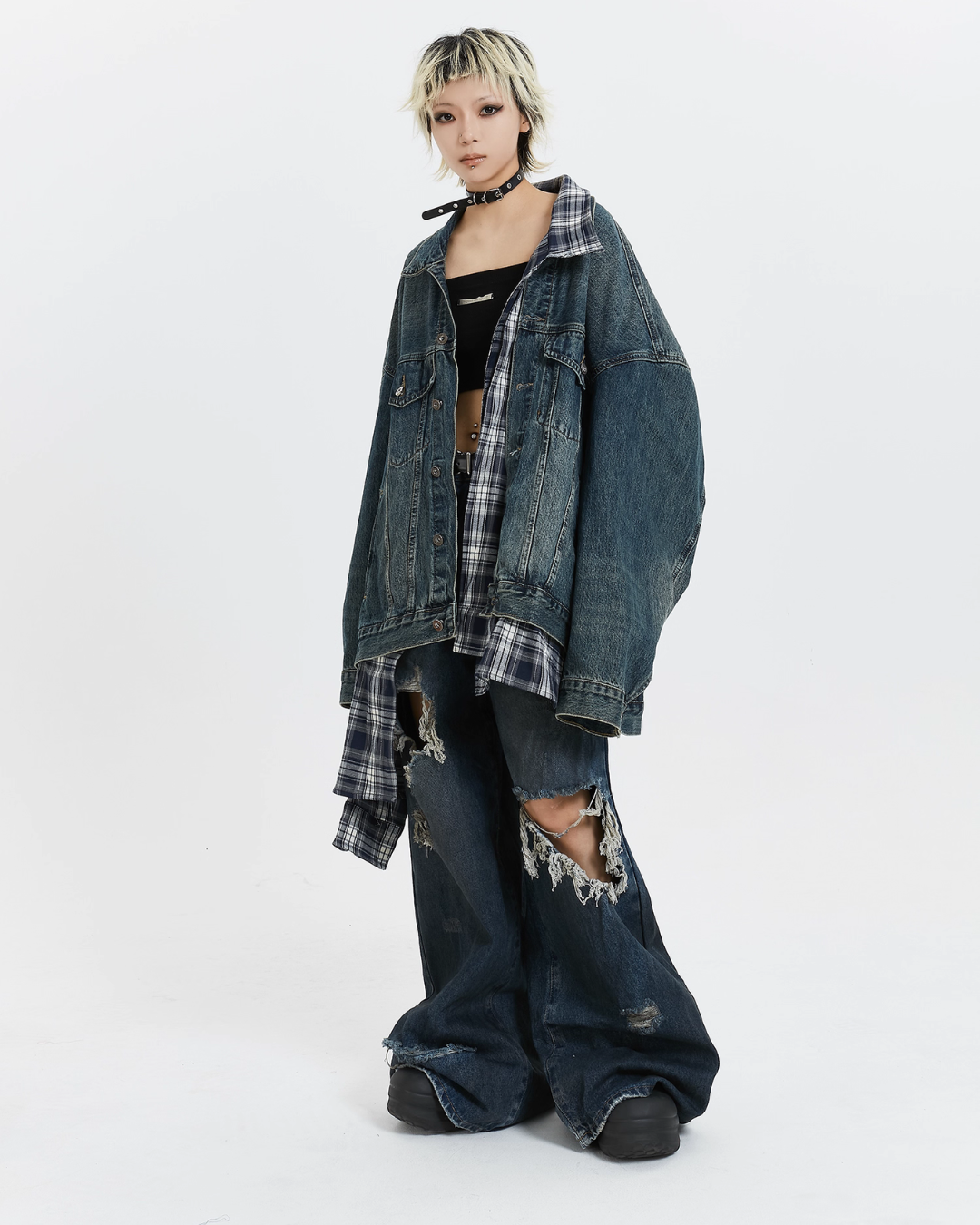 Plaid Shirt Vintage Denim Jacket MCY0005