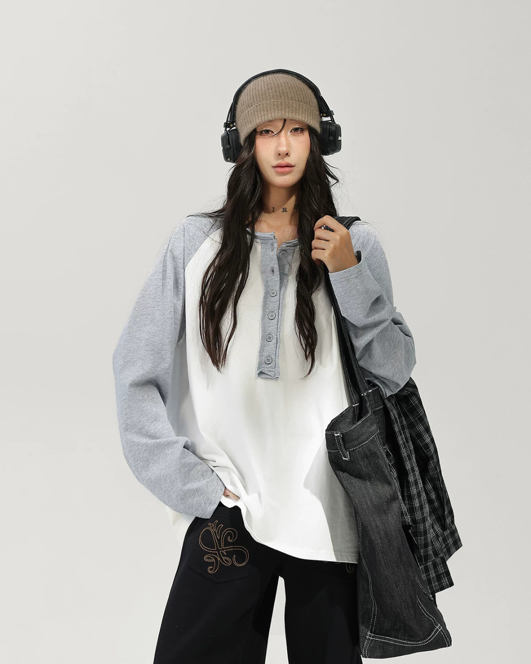 Henley Neck Raglan Sleeve Long-Sleeve T-Shirt ACS0382