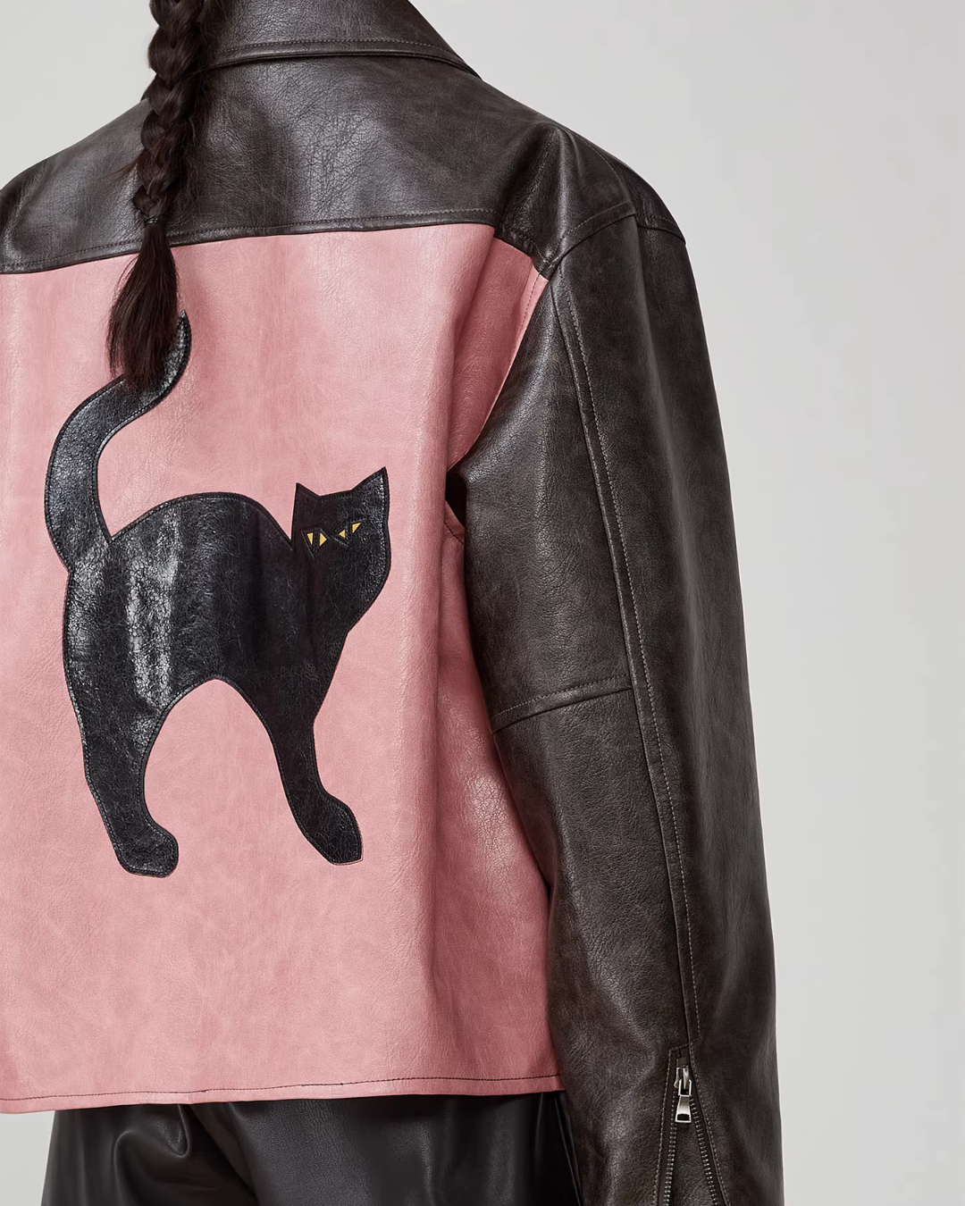 Cat Patch Embroidery Leather Jacket FER0062