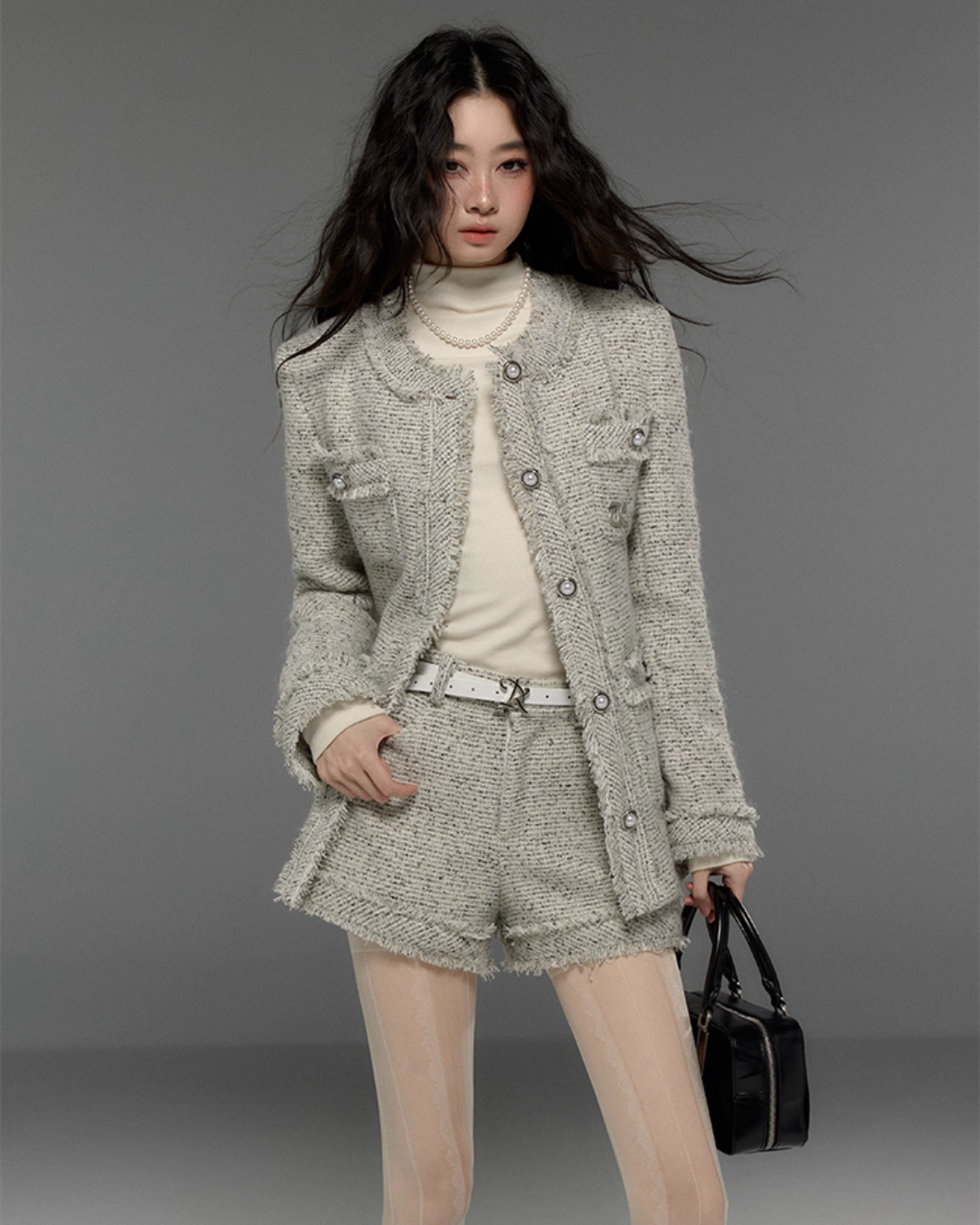 Tweed No-Collar Coat / Shorts / Knee Length Skirt TRK0006
