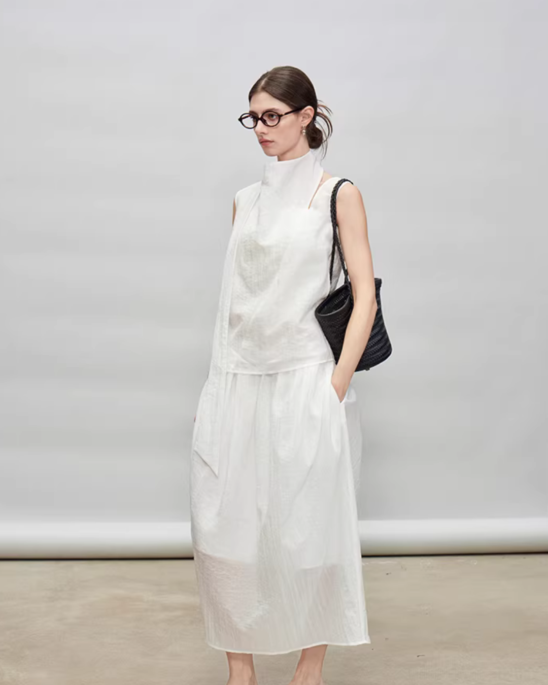 French Ribbon Sleeveless Top / Irregular Tulip Hem Skirt TEO0010