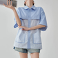 Blue Striped Patchwork Short-Sleeve Shirt FER0183