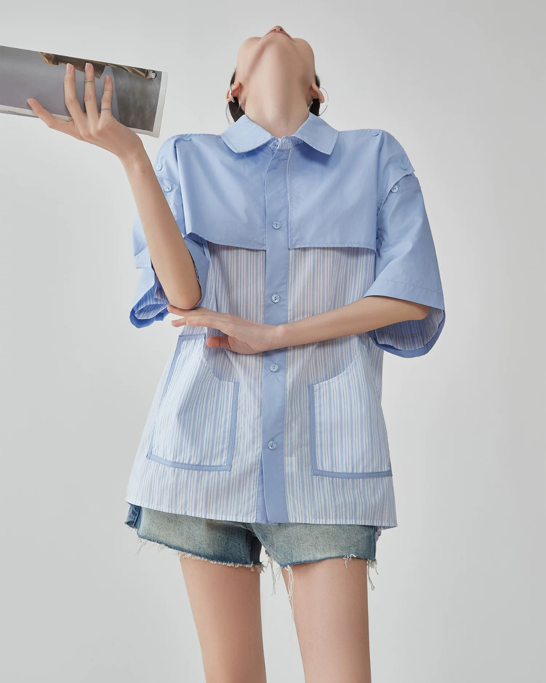 Blue Striped Patchwork Short-Sleeve Shirt FER0183