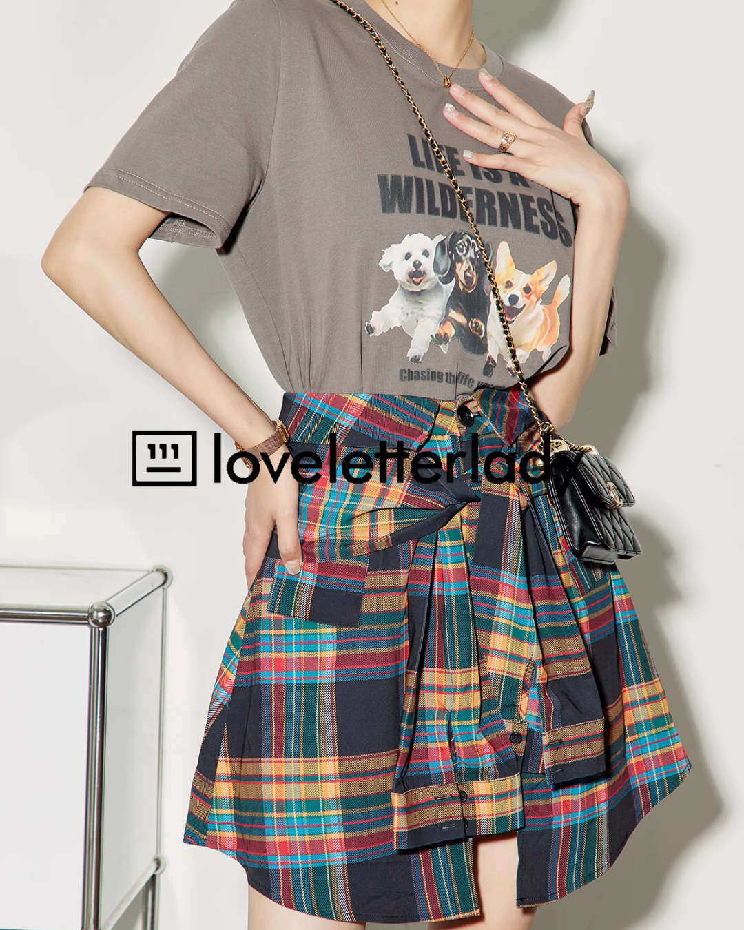 American Printed T-Shirt Check Skirt LLA0215