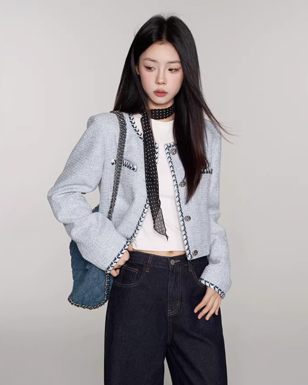 Color Contrast Stitch Tweed Jacket WDB0018