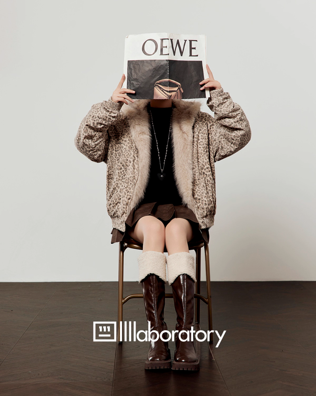 Leopard Fur Hood Jacket / Pleated Mini Skirt LLA0574