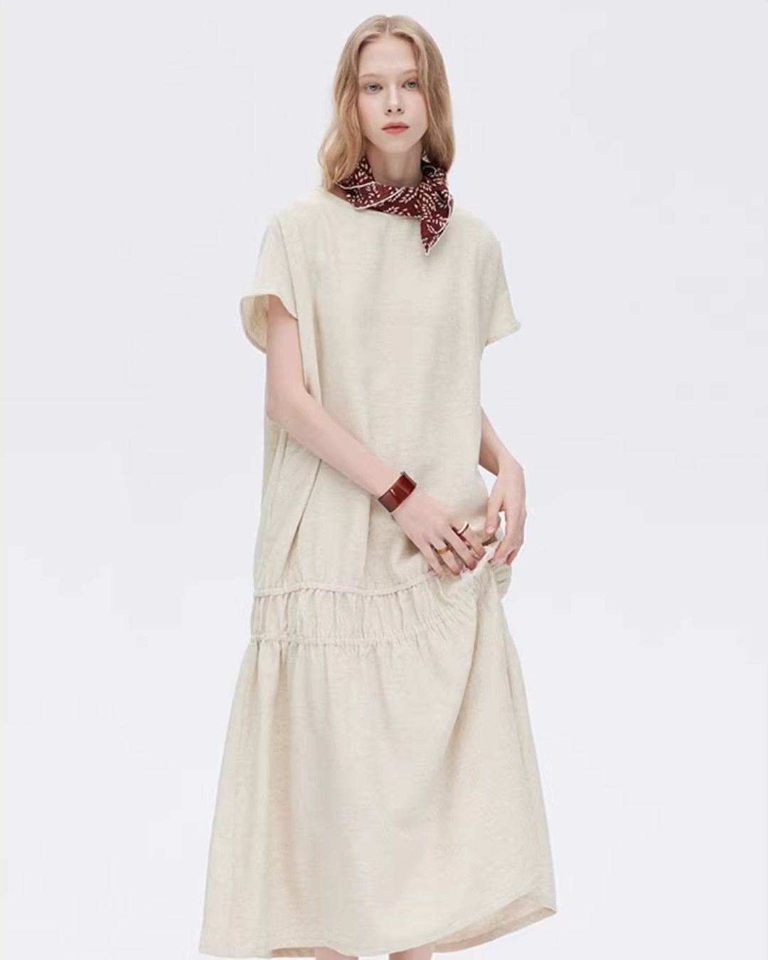 Cotton Linen Gathered Long Dress SHN0040