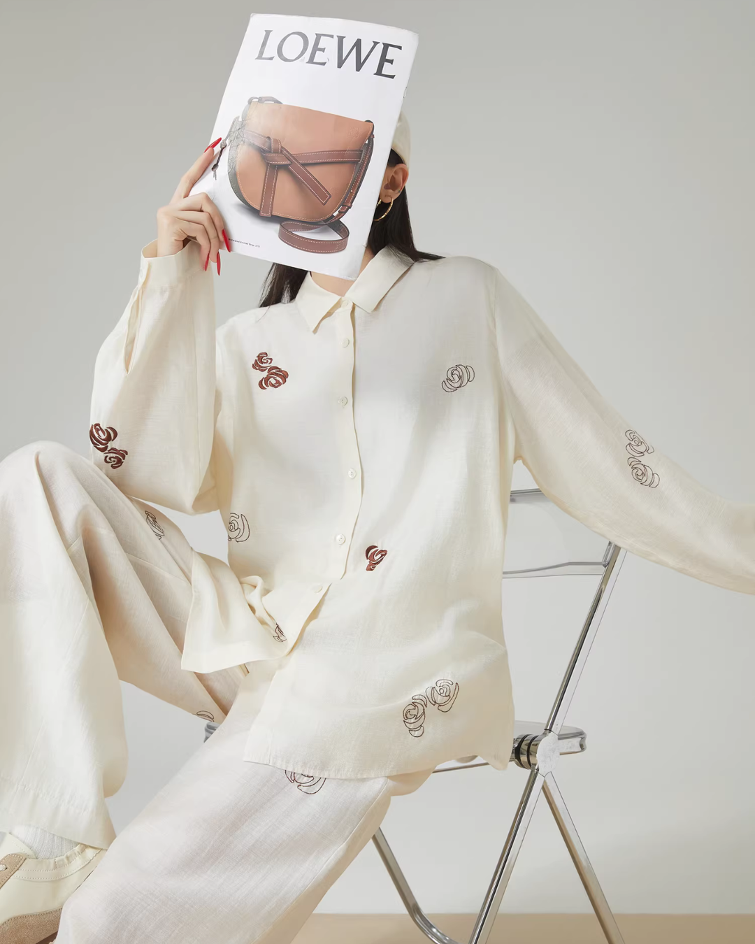 Rose Embroidered Long-Sleeve Shirt / Wide Pants FER0101