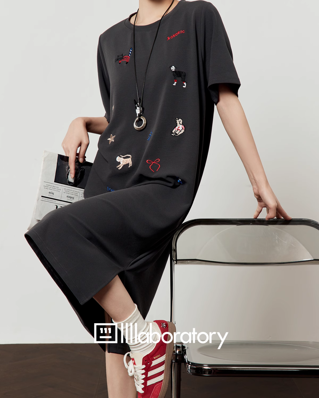 Dark Gray Animal Embroidery Dress LLA0487