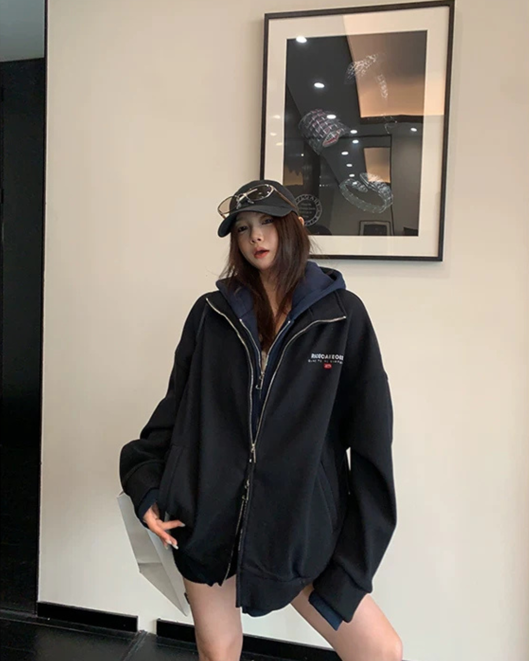 Labeled Button Double Zip Hoodie YLS1076