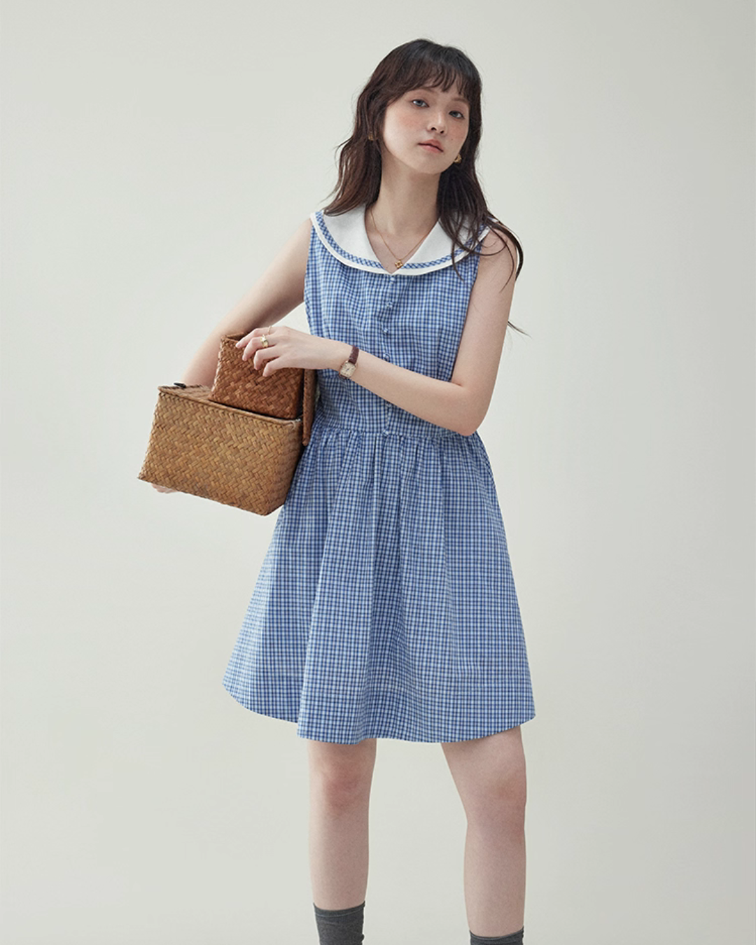 Blue Plaid Sleeveless Collar Dress AMU0031