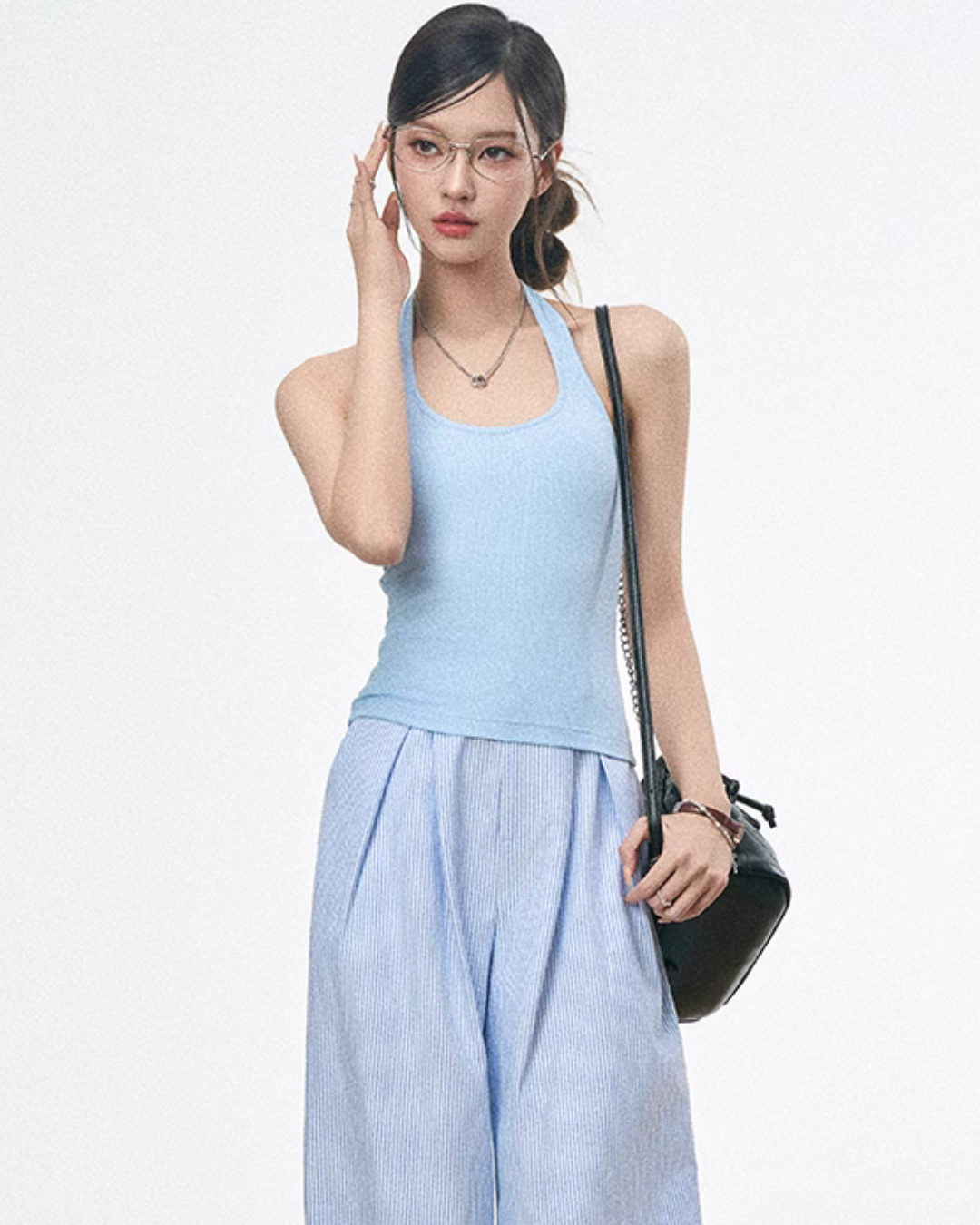 Blue Halter Top / White Tops / Striped Wide Pants WEO0051